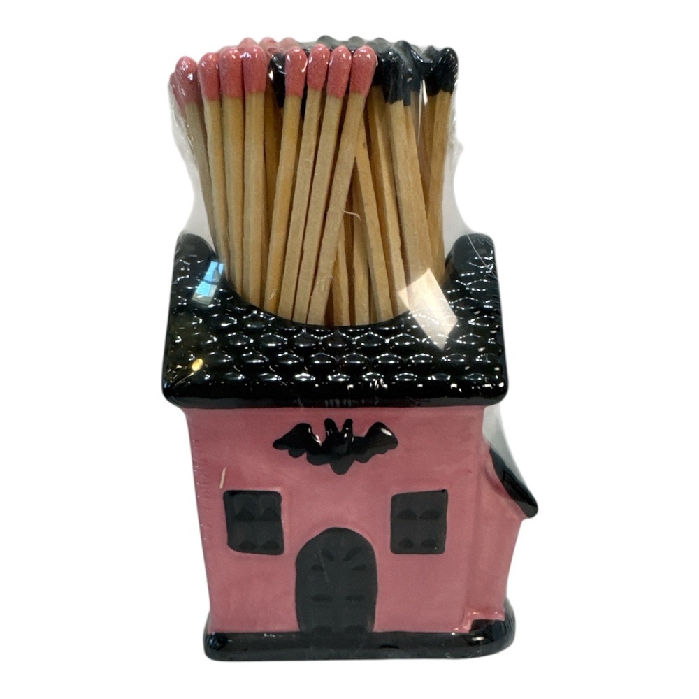 Aldi Pink Black Ceramic Haunted House Match Holder with Matches Bat Detail NEW